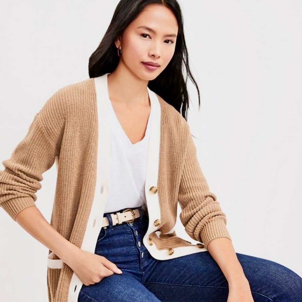Ann Taylor Loft Tan and cream v neck button down cardigan sweater size L New